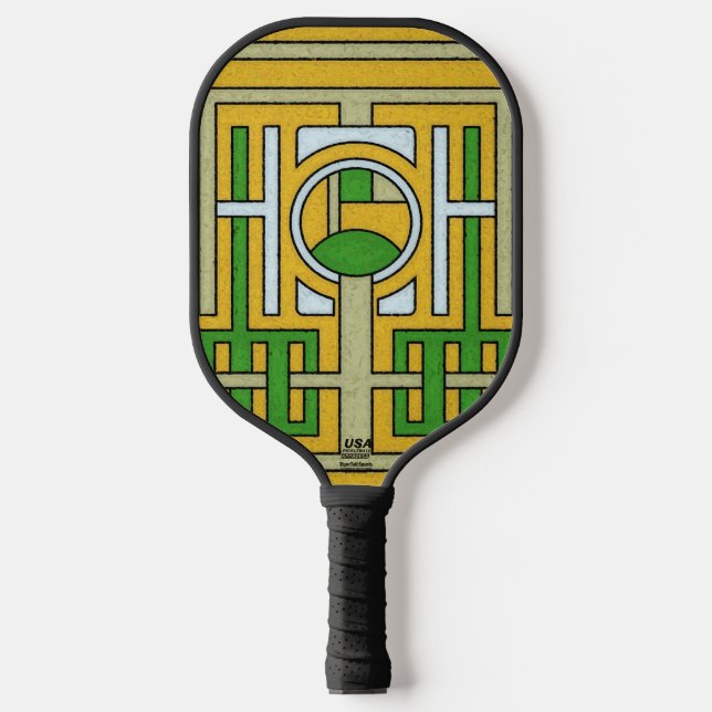 Geometric Yellow and Green Abstract Maze Design Pickleball Schläger (Vorderseite)