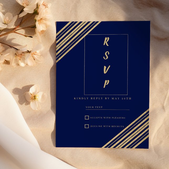 Geometrical navy blue gold typography RSVP  Einladung (Geometrical navy blue gold typography RSVP)