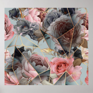 Geometrie aus Blumenkristall, Aquarellhintergrund Poster