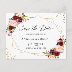 Geometrie Burgundy Red Floral Save the Date Postkarte