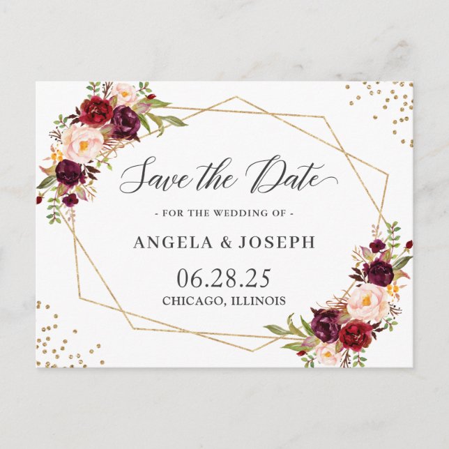Geometrie Burgundy Red Floral Save the Date Postkarte (Vorderseite)