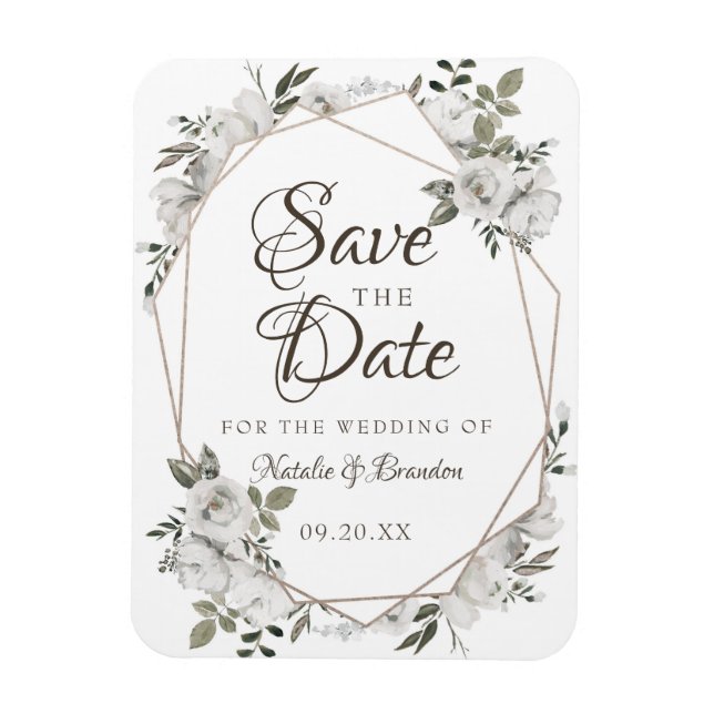 Geometrie Cherish White Floral Save the Date Magnet (Vertikal)
