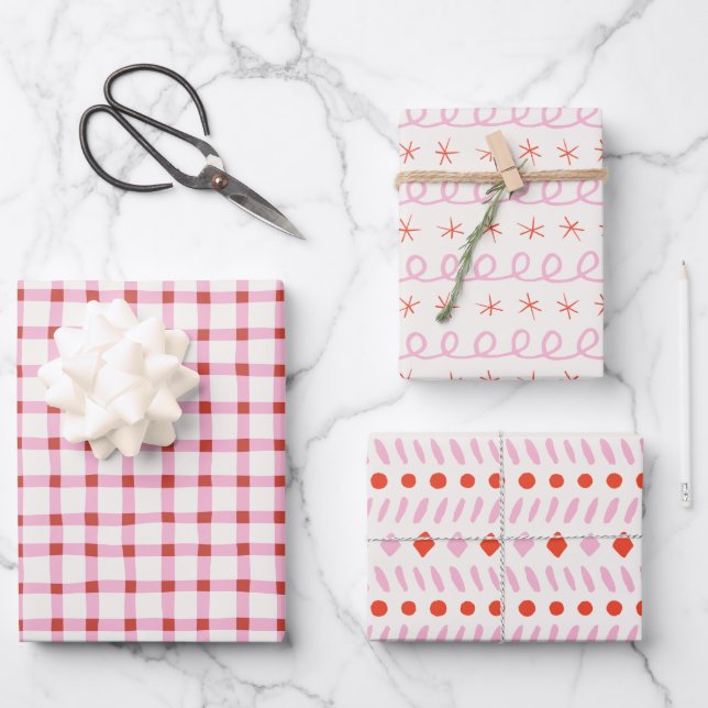 Geometrie Simple Red White Pink Gingham Christmas Geschenkpapier Set (Vorderseite)