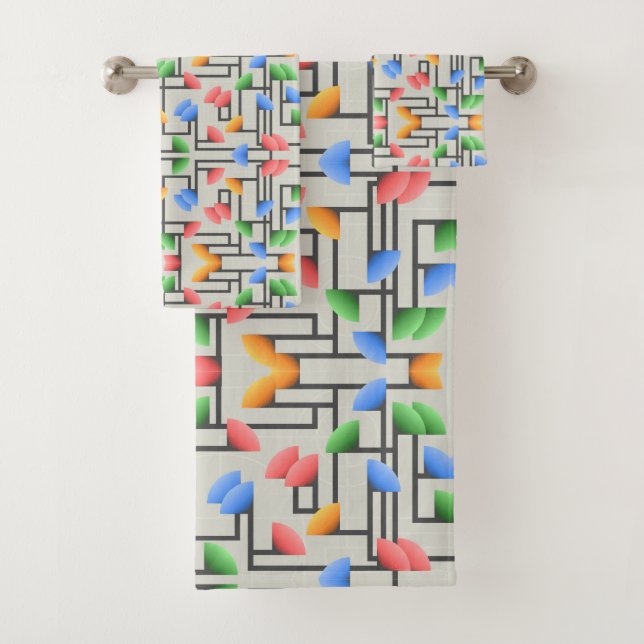 Geometrisch Abstrakt, Blau, Gold, Korallen, Grün Badhandtuch Set (Insitu)