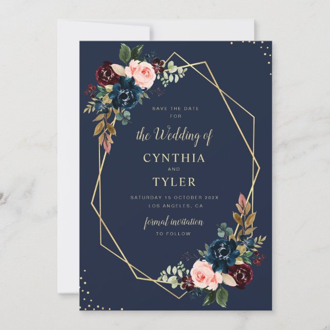 geometrisch-bordeauxblau Save the Date Einladung (Vorderseite)