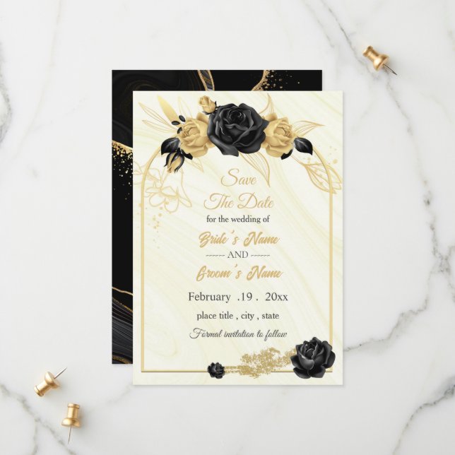 geometrisch elegantes Gold & Schwarz Save The Date (Vorderseite/Rückseite Beispiel)
