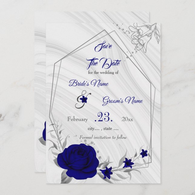 geometrisch elegantes Royal Blue Silber Grau Save The Date (Vorne/Hinten)