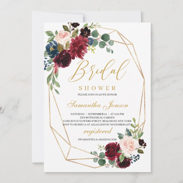 geometrisch goldfarbene Bordeaux und rötlich-rosaf Einladung (Vorderseite)