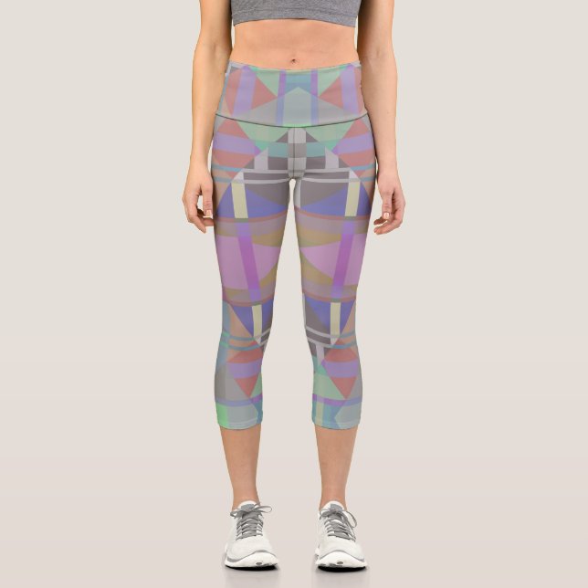 Geometrisch grün Lila rosa Capri Leggings (Vorderseite)