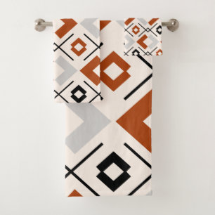 geometrisch orangefarbenes und beige Muster Badhandtuch Set