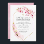 Geometrisch rosa Kirsche Blossom Bat Mitzvah Einladung<br><div class="desc">Rosa Aquarellblütenfeder Fledermaus mitzvah Einladung mit Sakurenblüte mit goldenem geometrischem Rahmen,  angepasst an Ihre Veranstaltungsspezifikationen.</div>