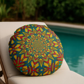 Geometrisch Rot Blau & Gelb Vintage Stammes Ethnis Rundes Kissen