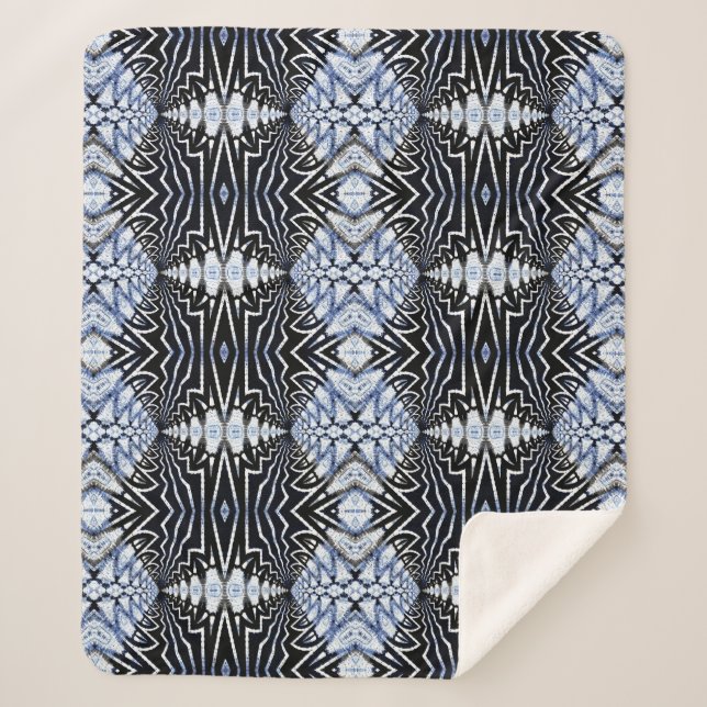 Geometrisch rustikales Boho Blau und Schwarz Stamm Sherpadecke (Vorderseite)