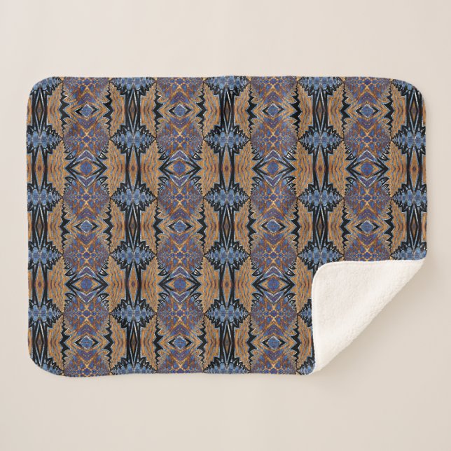 Geometrisch-rustikales Boho Brown und Blue Tribal  Sherpadecke (Vorderseite (Horizontal))