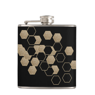 geometrisch-schwarz-goldenes Hexagon-Muster Flachmann