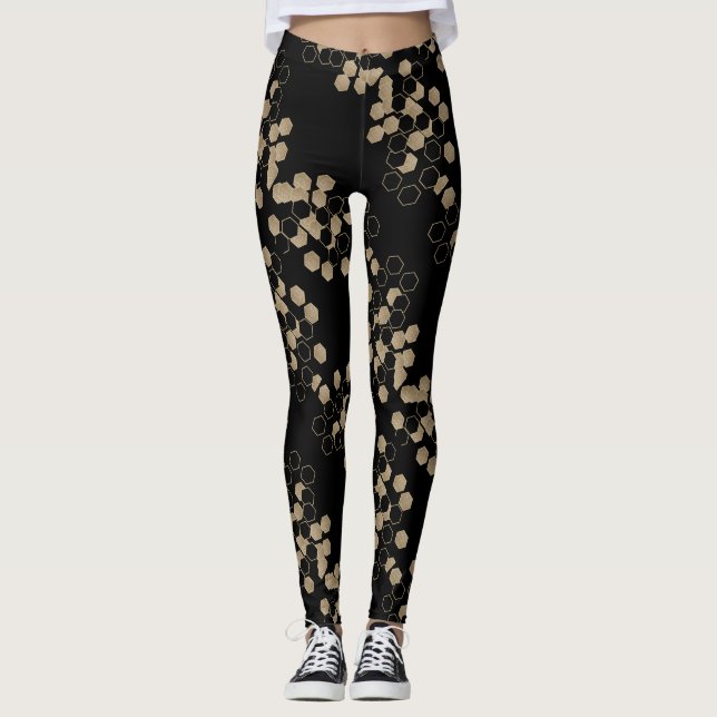 geometrisch-schwarz-goldenes Hexagon-Muster Leggings (Vorderseite)