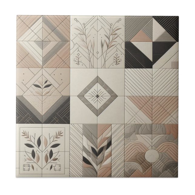 Geometrisch Vintag Chic Oatmehl Soft Black Fliese (Vorderseite)