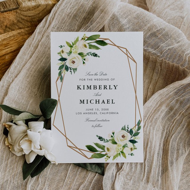 geometrisch-weiße, blumenförmige Save the Date-Kar Save The Date (Von Creator hochgeladen)