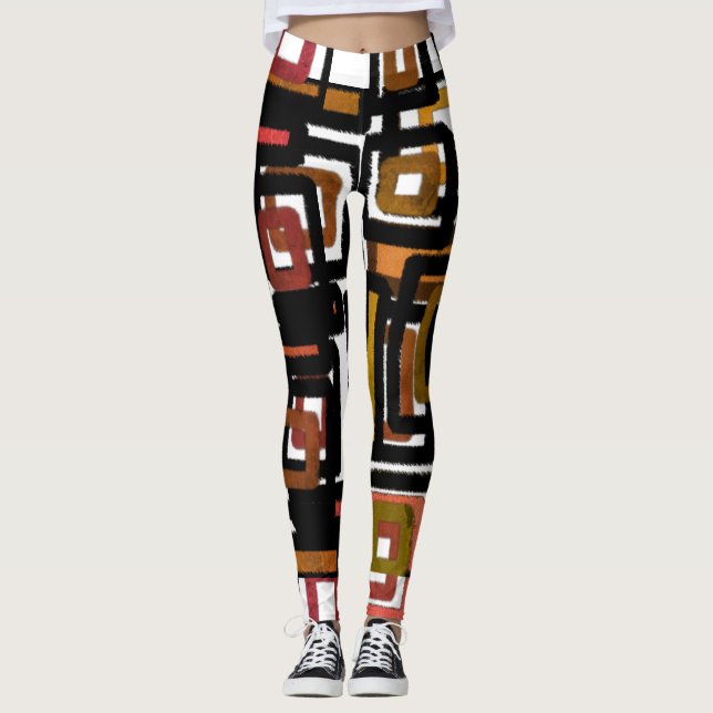 Geometrische Abstrakte Blöcke Rust Black Brown Leggings (Vorderseite)