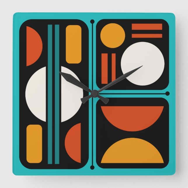 Geometrische Abstrakte Retro Art Türkis Orange Quadratische Wanduhr (Vorderseite)