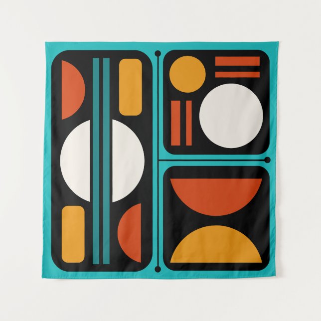 Geometrische Abstrakte Retro Art Türkis Orange Wandteppich (Vorderseite)