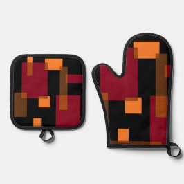 Geometrische Abstraktion Rotes Orangenbraun Schwar Ofenhandschuh & Topflappen-Set