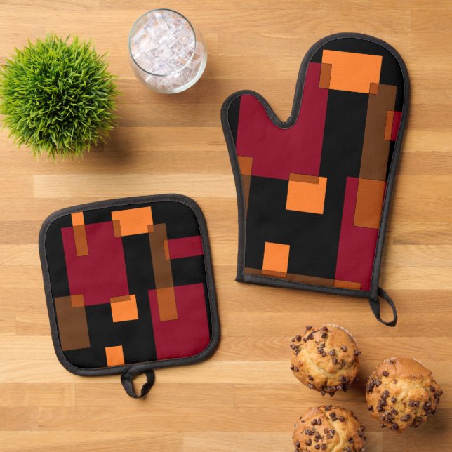 Geometrische Abstraktion Rotes Orangenbraun Schwar Ofenhandschuh & Topflappen-Set (Oben Unten)