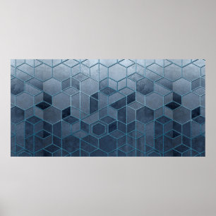 Geometrische Abstraktion von Hexagonen auf blauem Poster