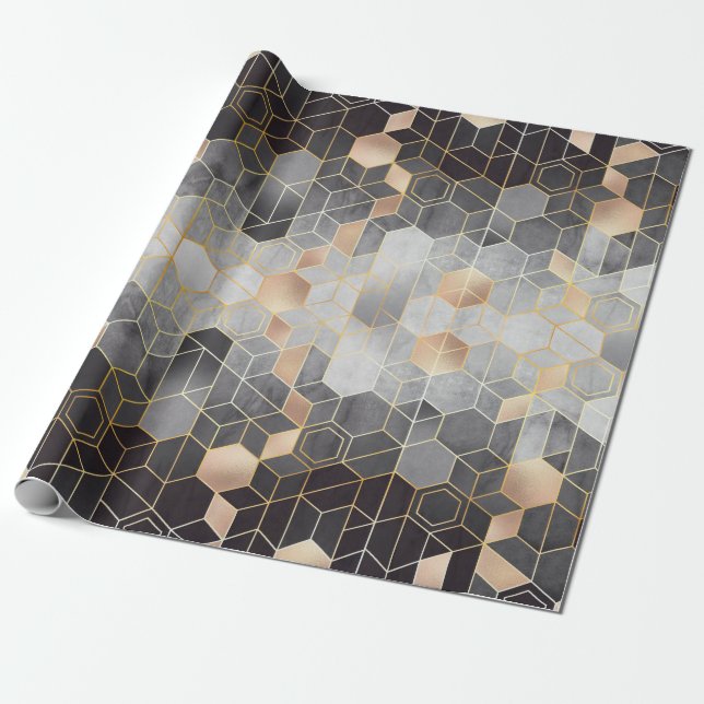 Geometrische Abstraktion von Hexagonen auf schwarz Geschenkpapier (Ungerollt)