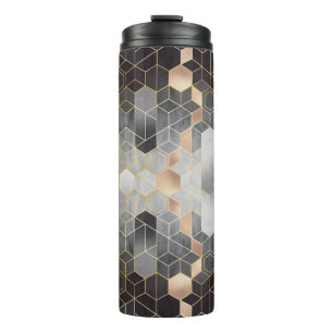 Geometrische Abstraktion von Hexagonen auf schwarz Thermosbecher