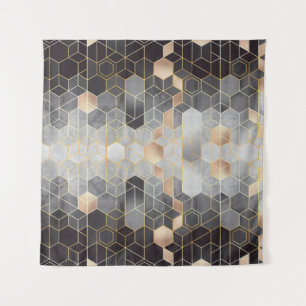 Geometrische Abstraktion von Hexagonen auf schwarz Wandteppich