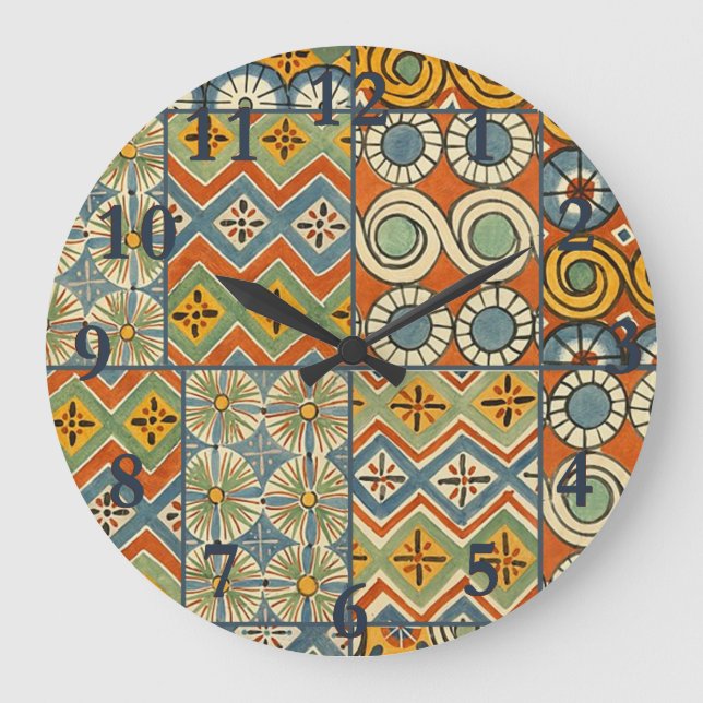 Geometrische ägyptische Muster-Tiles Große Wanduhr (Vorderseite)