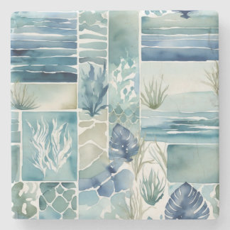 Geometrische Aqua Flora Aquarell-Dekoration Steinuntersetzer