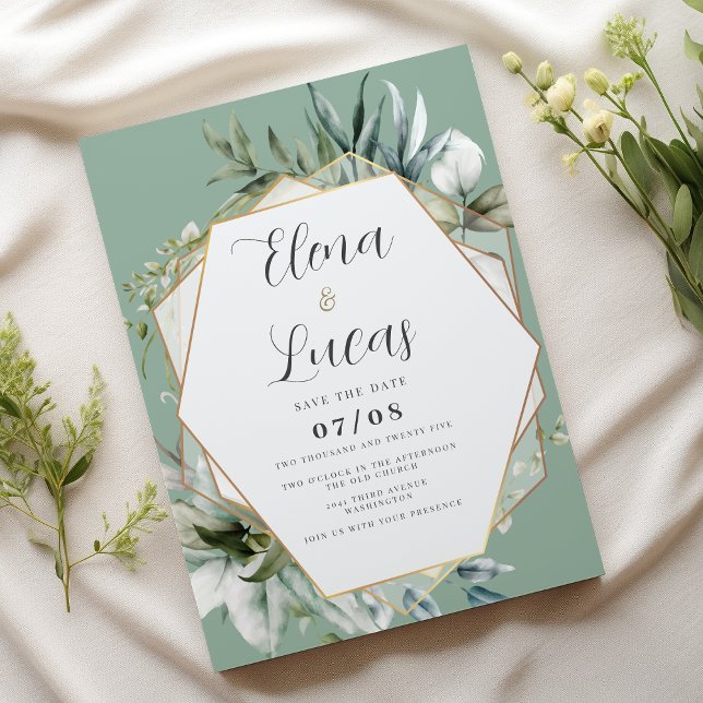 Geometrische Aquarellenmalz Einladung (Geometric watercolor mint gold foliage wedding)