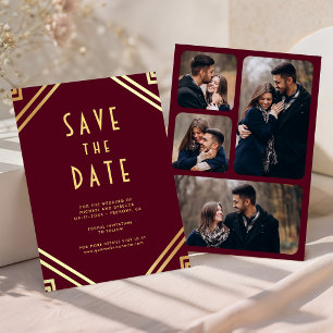 Geometrische Art Deco Bordeaux Gold Foto Hochzeit Save The Date