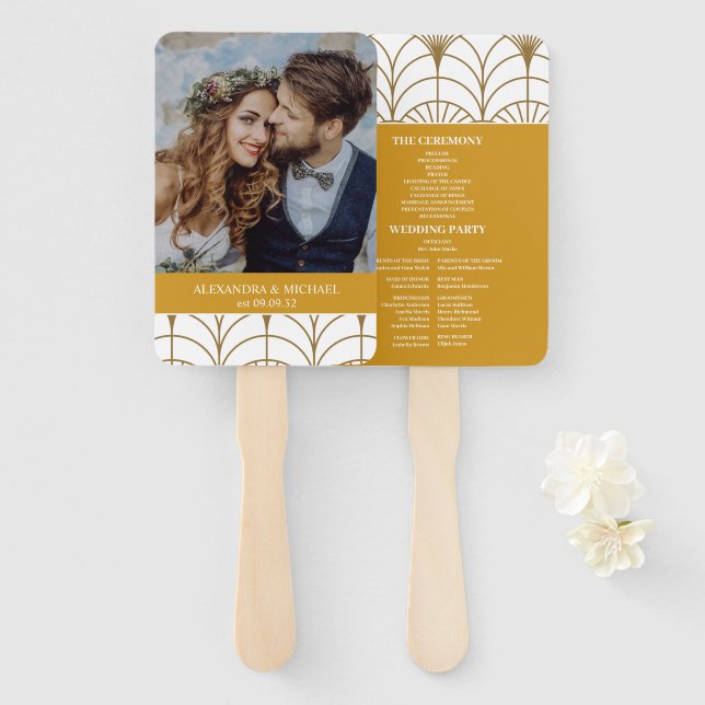 Geometrische Art Deco Gold White Gatsby Wedding Fächer (Vorne und Hinten)