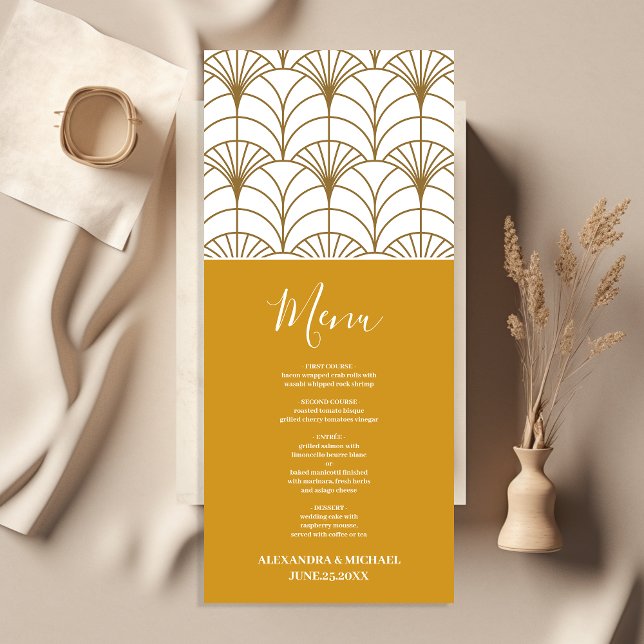 Geometrische Art Deco Gold White Gatsby Wedding Menükarte (Von Creator hochgeladen)
