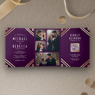 Geometrische Art Deco Lila Gold QR Code Hochzeit Dreifach Gefaltete Einladung