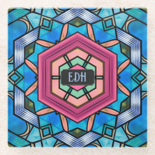 Geometrische Art Deco mit eigenen Initialen in Bla Glasuntersetzer