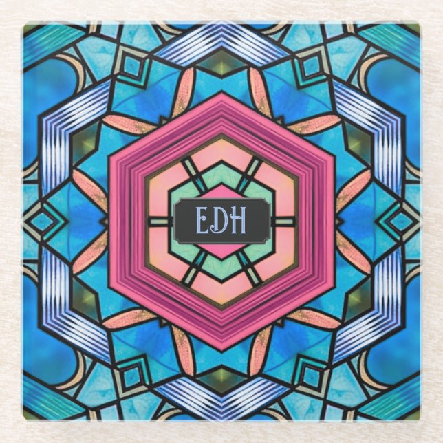 Geometrische Art Deco mit eigenen Initialen in Bla Glasuntersetzer (Vorderseite)