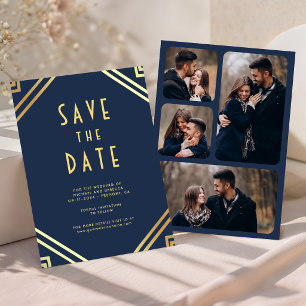 Geometrische Art Deco Navy Blau Gold Hochzeitsfoto Save The Date