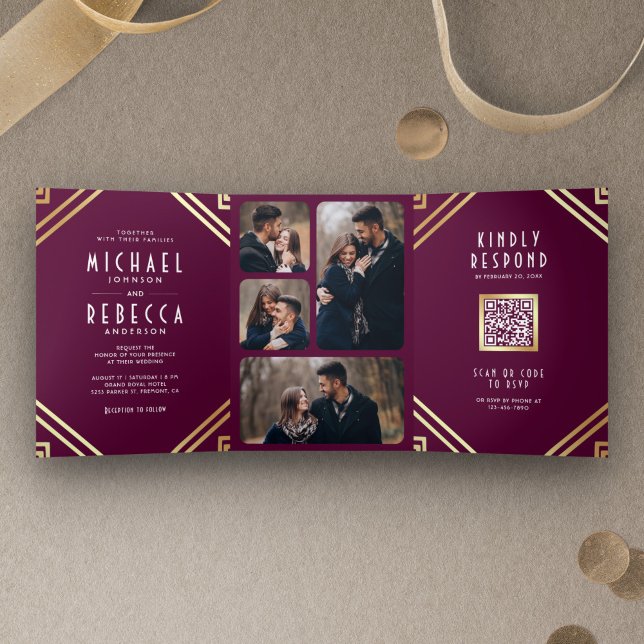 Geometrische Art Deco Plum Gold QR Code Wedding Dreifach Gefaltete Einladung (Von Creator hochgeladen)