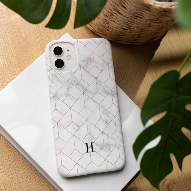 Geometrische Art Deco Rose Gold & Marmor Monogramm Case-Mate iPhone Hülle (Von Creator hochgeladen)
