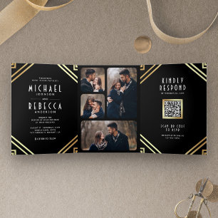 Geometrische Art Deco Schwarz Gold QR Code Hochzei Dreifach Gefaltete Einladung