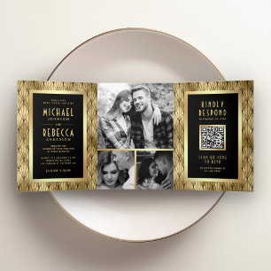 Geometrische Art Deco Schwarz Gold QR Code Hochzei Dreifach Gefaltete Einladung