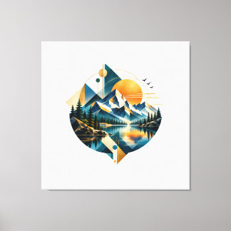 Geometrische Bergsee-Sonnenuntergangslandschaft Leinwanddruck