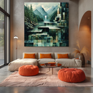 Geometrische Bergszene mit Wasserfall und See Leinwanddruck