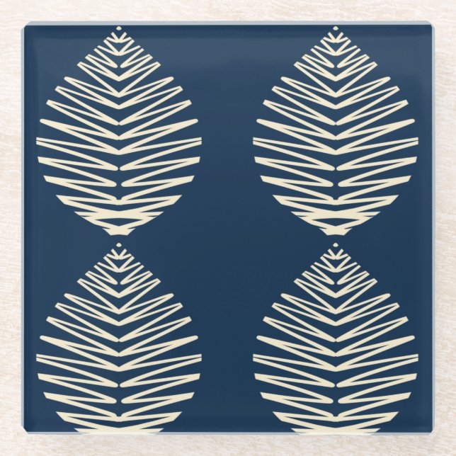 Geometrische Blätter | Navy & Beige Glasuntersetzer (Vorderseite)
