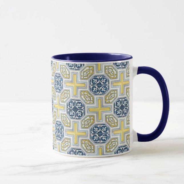 Geometrische blaugelbe Imitate Tile Coffee Tasse (Rechts)
