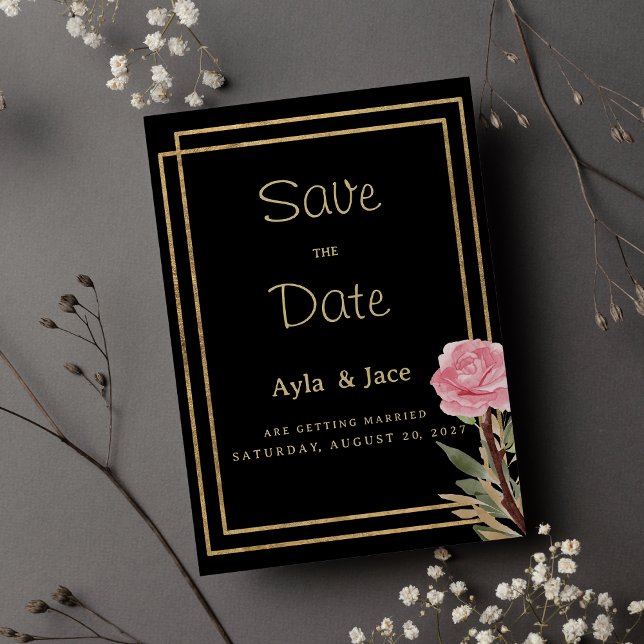 Geometrische Blume aus schwarzem Gold Save the Dat Einladung (Geometric black gold pink flower Save the Date)